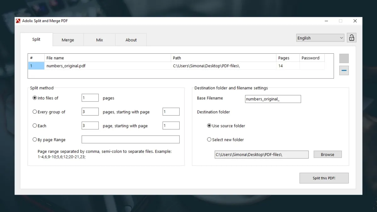 Giao diện phần mềm Adolix Split &amp; Merge PDF, một công cụ đa năng để chia nhỏ và gộp các tài liệu PDF.