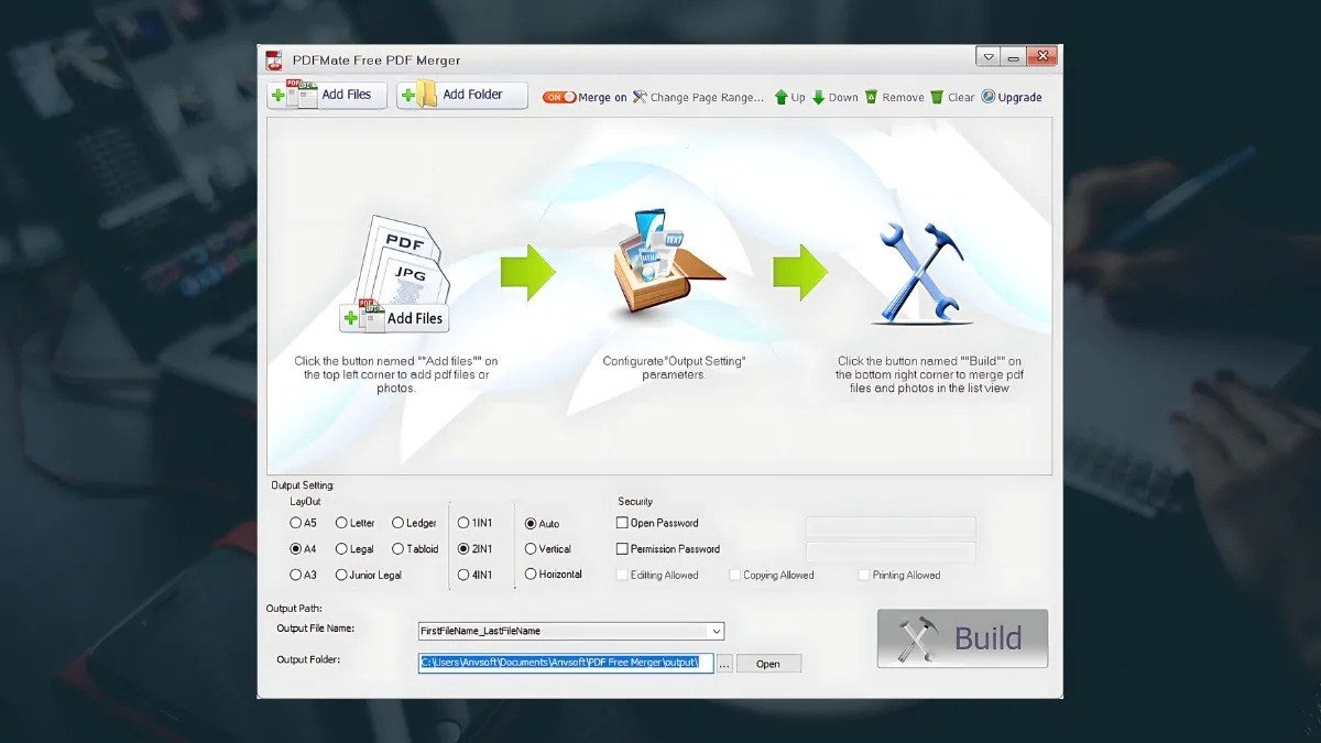 Giao diện phần mềm PDFMate Free PDF Merger, hiển thị tùy chọn ghép nhiều file PDF và bảo mật bằng mật khẩu.