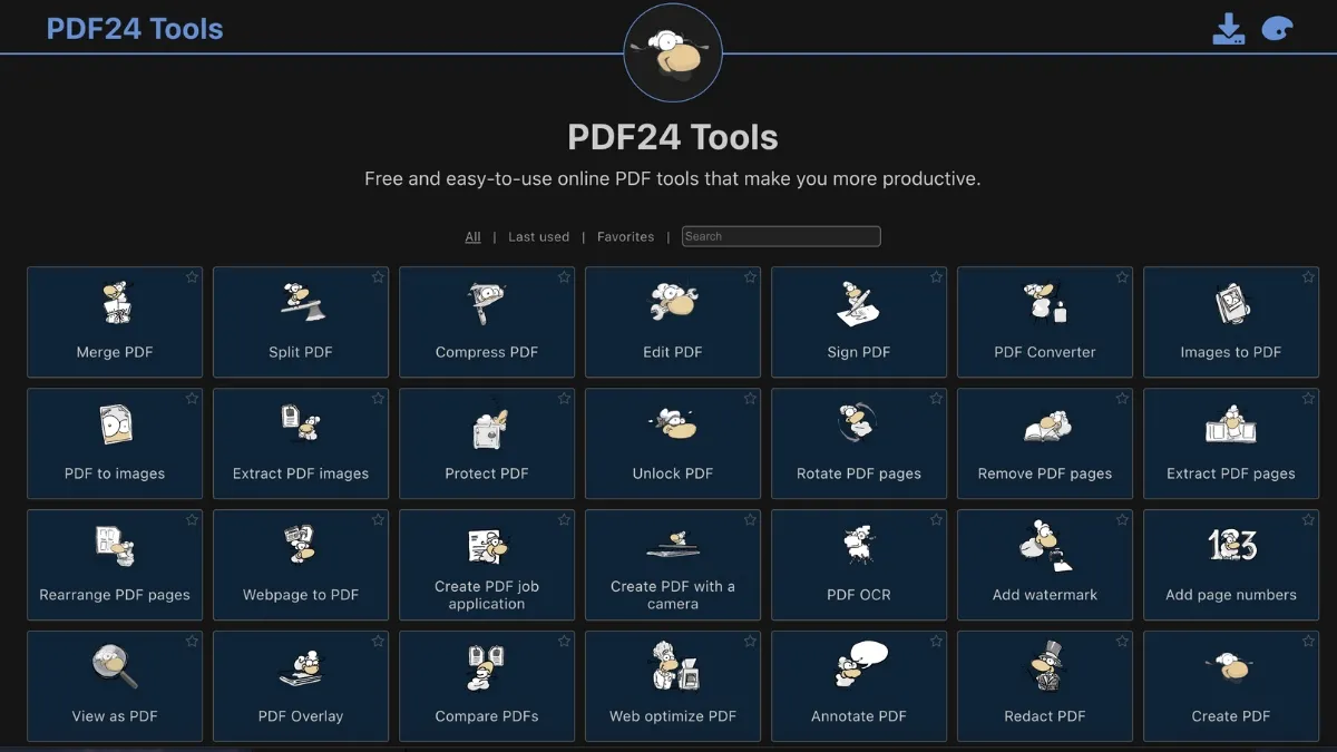Trang web PDF24 Tools, hiển thị các tùy chọn để gộp, nén và chỉnh sửa tài liệu PDF trực tuyến.