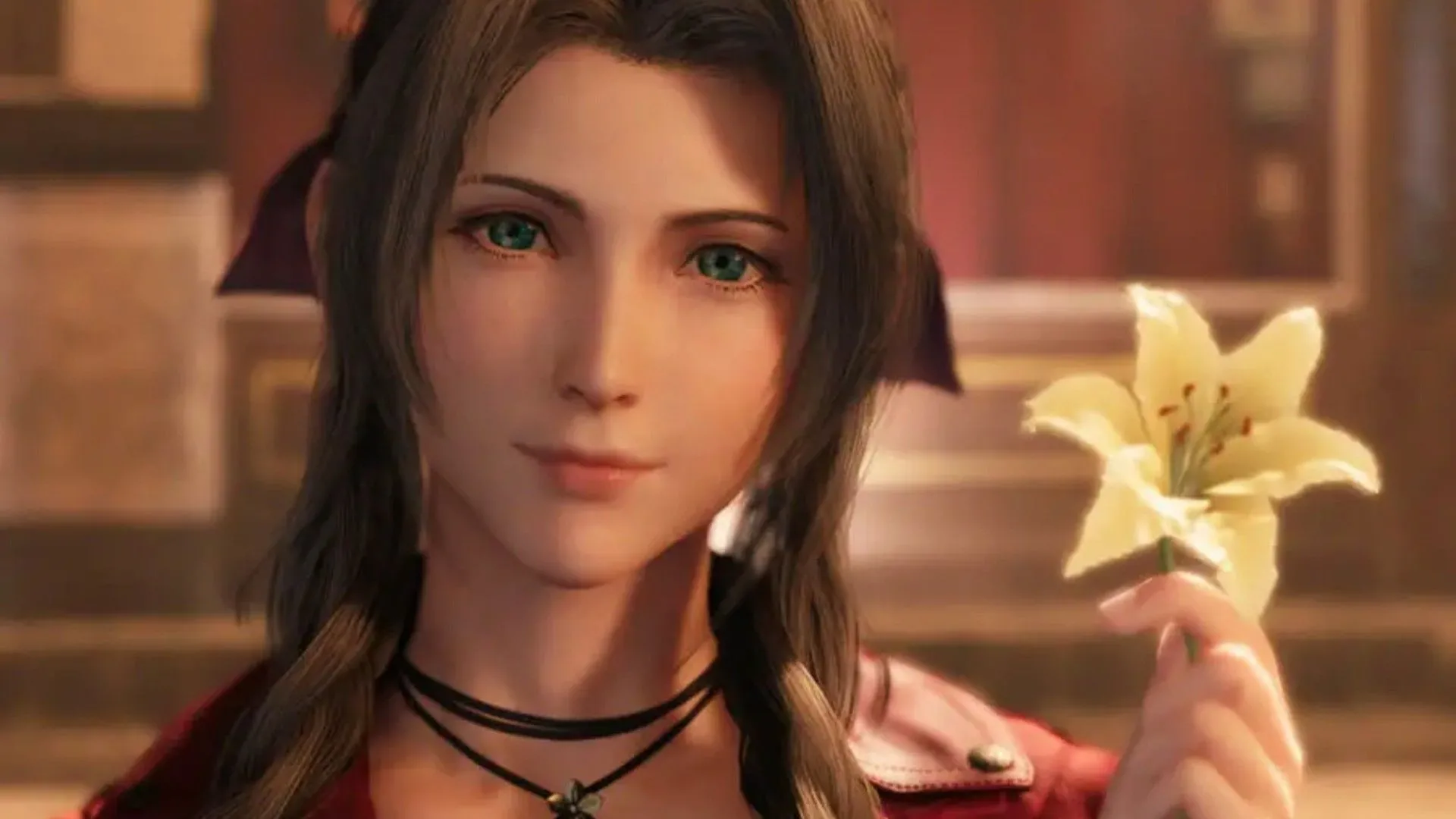 Aerith Gainsborough cầm một bông hoa trong Final Fantasy VII, toát lên vẻ ngây thơ và thanh khiết trước khi sự kiện bi kịch xảy ra.
