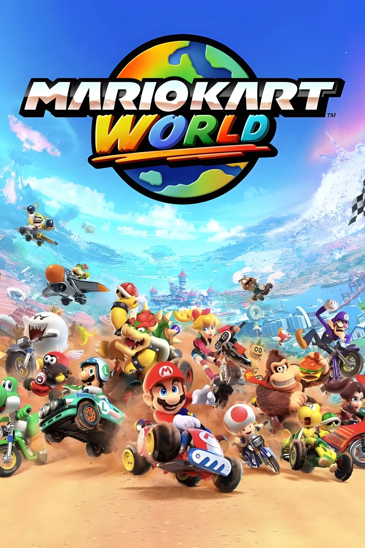 Ảnh bìa chính thức của game Mario Kart World, giới thiệu phong cách đồ họa và nhân vật.
