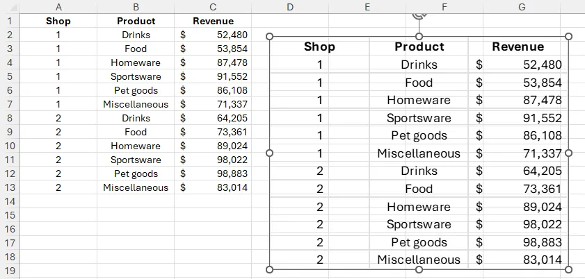 Ảnh chụp dữ liệu Excel bằng Linked Picture Tool