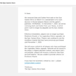 Ảnh chụp màn hình email từ Epic Games Store thông báo việc gỡ bỏ vĩnh viễn game Dark and Darker khỏi nền tảng, viện dẫn quyết định của tòa án Hàn Quốc liên quan đến vụ kiện Nexon.