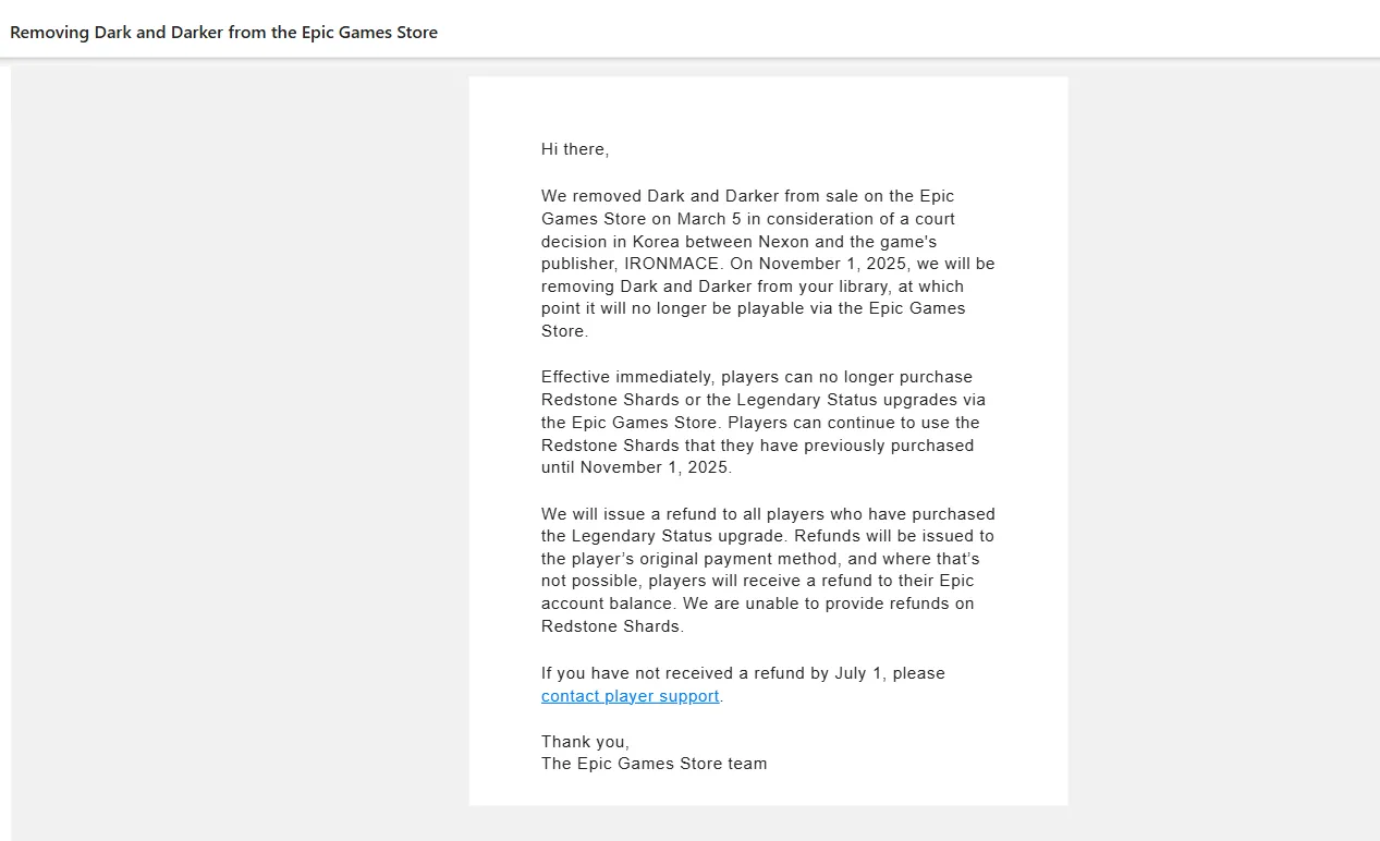 Ảnh chụp màn hình email từ Epic Games Store thông báo việc gỡ bỏ vĩnh viễn game Dark and Darker khỏi nền tảng, viện dẫn quyết định của tòa án Hàn Quốc liên quan đến vụ kiện Nexon.