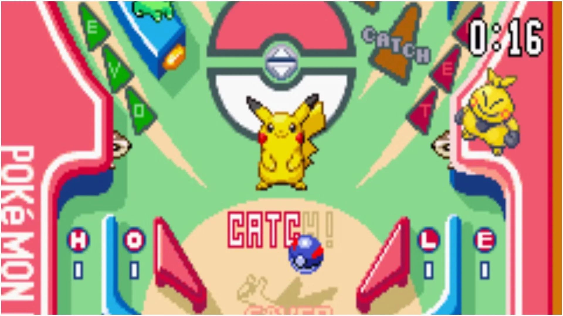 Ảnh chụp màn hình game Pokémon Pinball trên Game Boy Color, quả bóng Poké Ball đang di chuyển trên bàn pinball.
