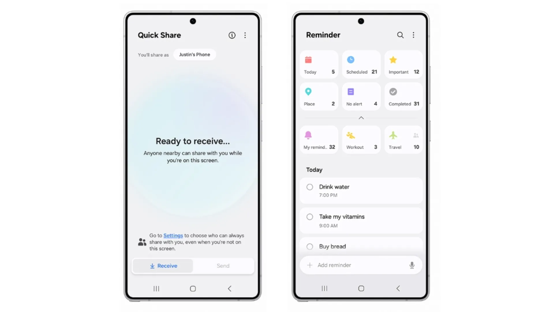 Ảnh chụp màn hình giao diện người dùng One UI 8, hiển thị ứng dụng Quick Share và Reminder