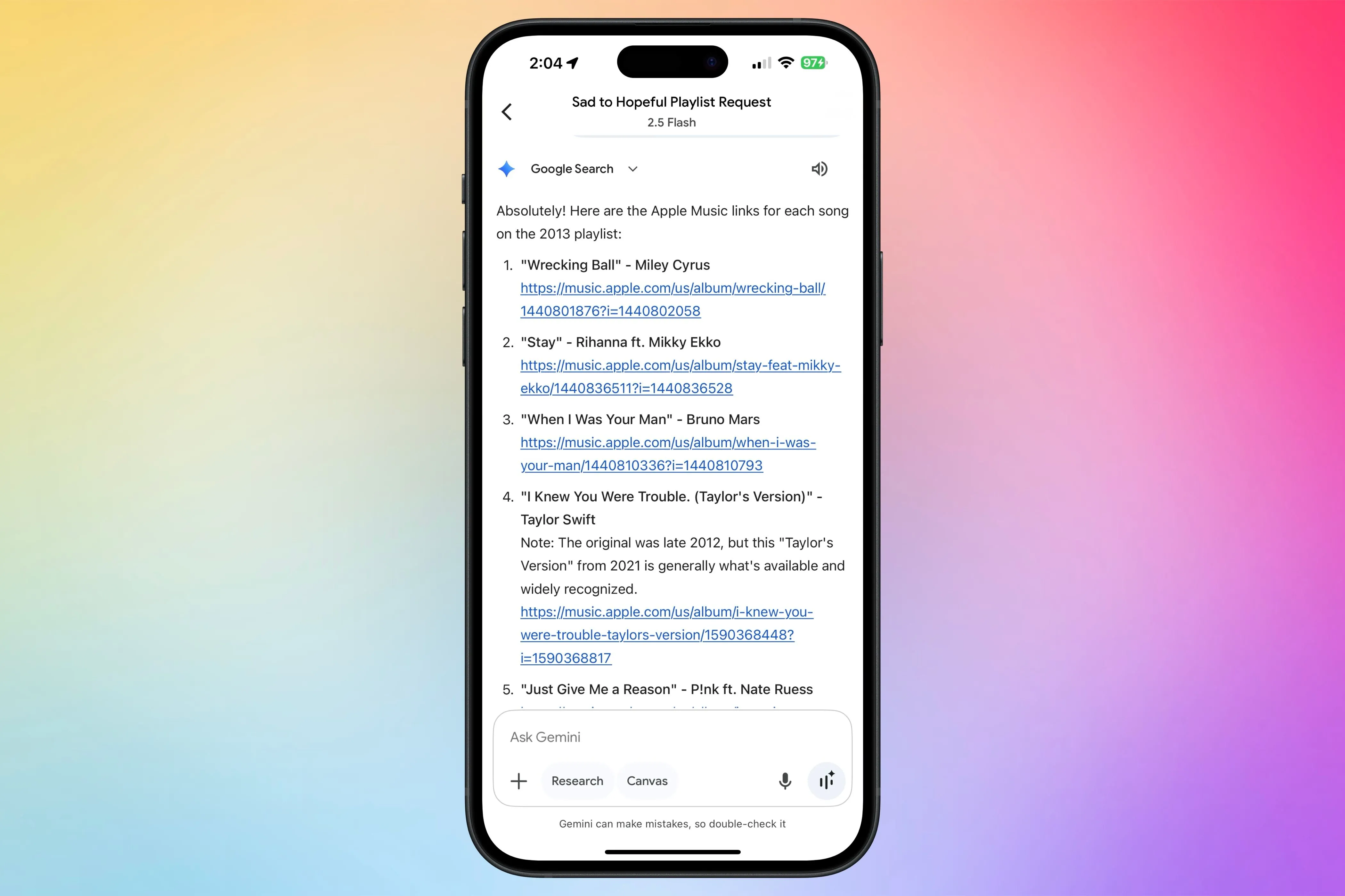 Ảnh chụp màn hình Google Gemini tạo playlist và cung cấp các liên kết trực tiếp tới Apple Music cho từng bài hát, thể hiện khả năng của chatbot AI trong việc hỗ trợ khám phá âm nhạc.
