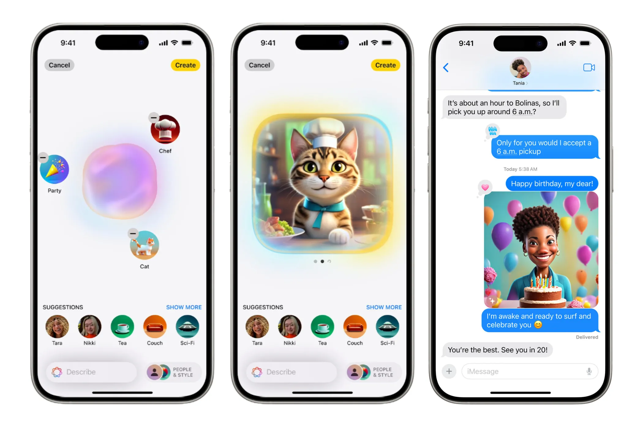 Ảnh chụp màn hình tính năng Image Playground hoạt động trên iPhone, cho thấy khả năng tạo hình ảnh động hoặc minh họa, gợi ý tích hợp AI này vào Apple Music để thiết kế ảnh bìa playlist.