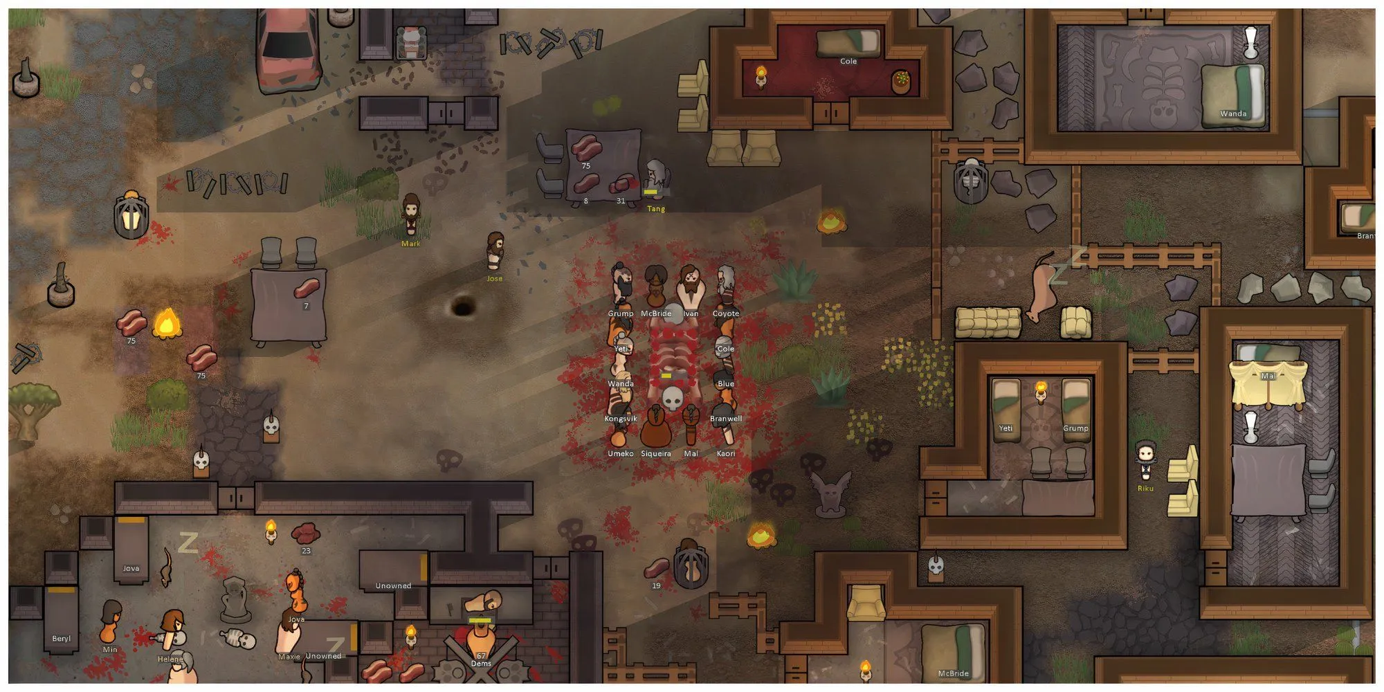 Ảnh chụp màn hình từ game Rimworld với bản mở rộng Ideology, hiển thị một nhóm người theo đạo đang thực hiện nghi lễ, làm nổi bật yếu tố xây dựng thuộc địa và quản lý tài nguyên.