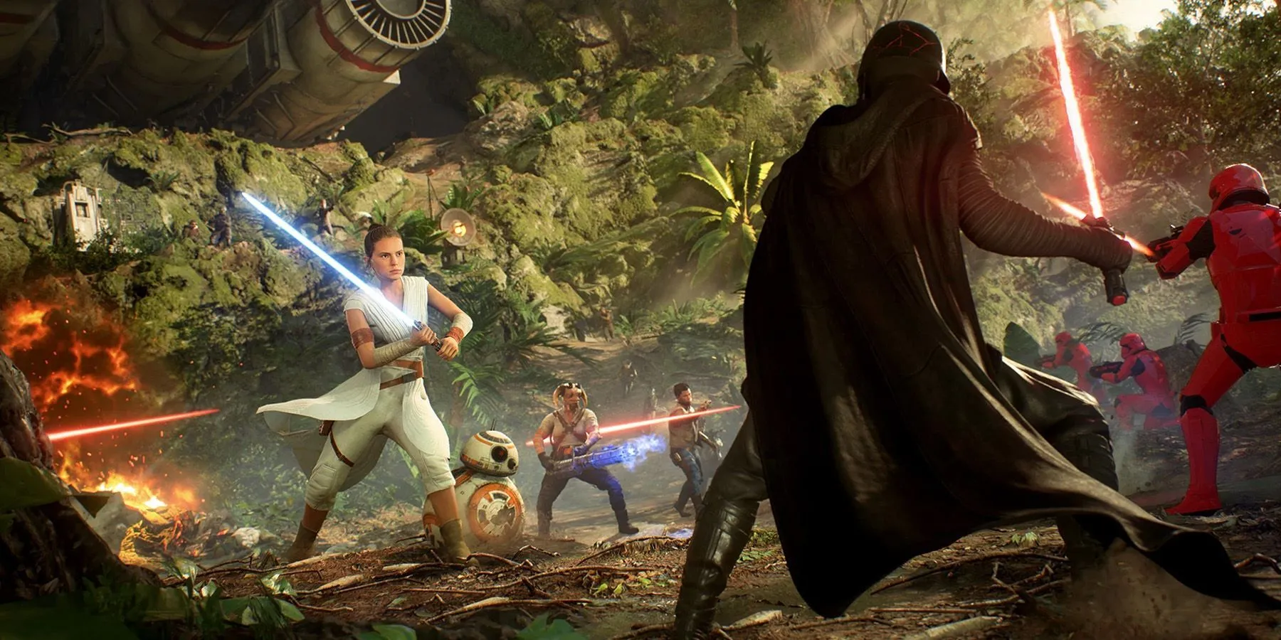 Ảnh chụp màn hình từ Star Wars: Battlefront II, một cảnh chiến đấu hoành tráng, minh họa đồ họa ấn tượng của game bắn súng nhiều người chơi này.