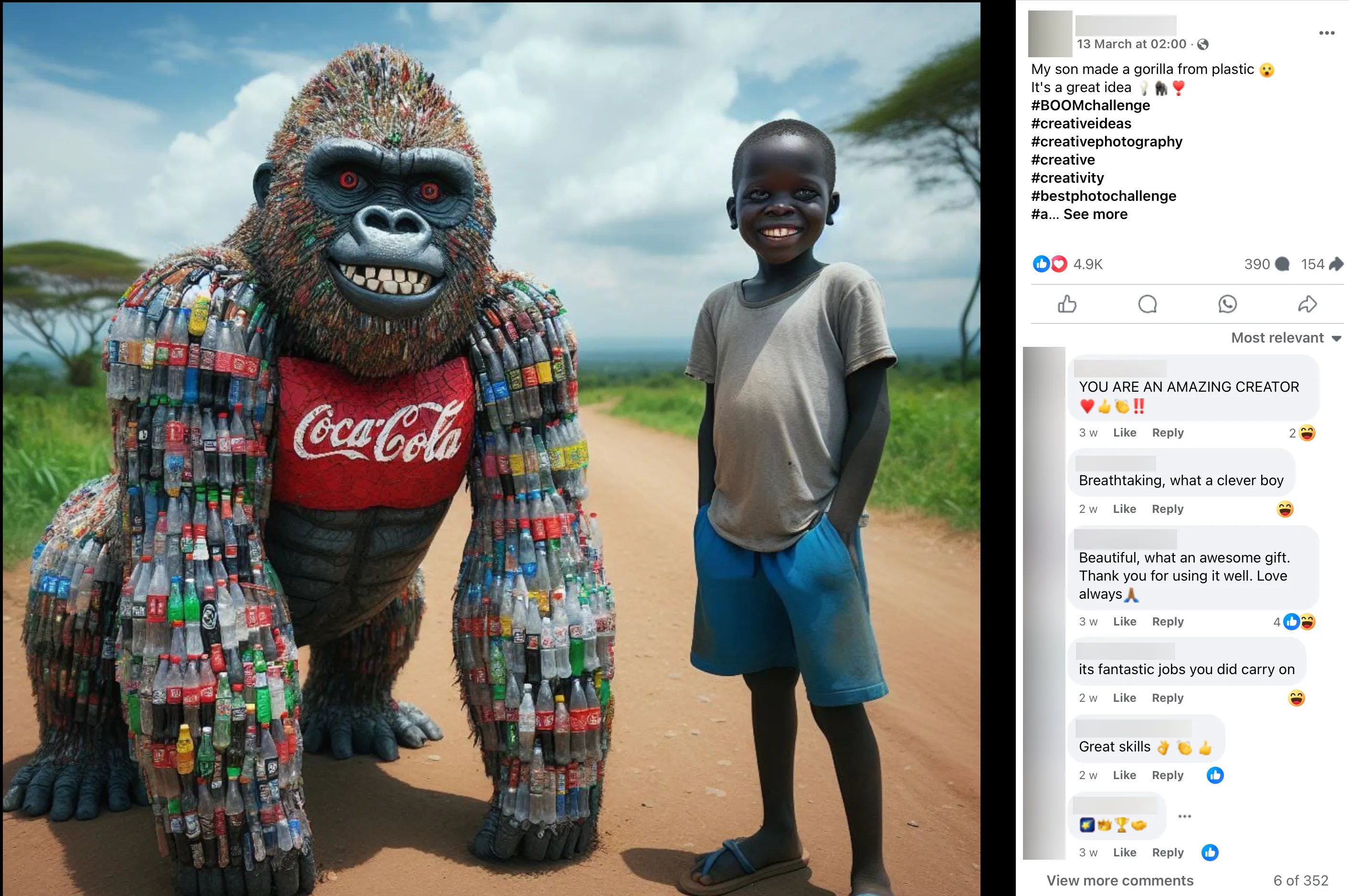Ảnh đăng trên Facebook về một bức tượng khỉ đột kỳ quái, được tạo hoàn toàn bằng AI từ hàng ngàn chai nhựa.