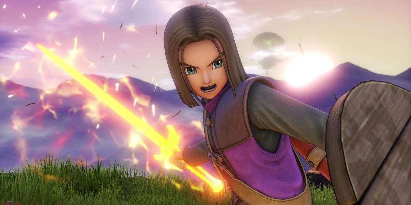 Anh hùng Luminary từ Dragon Quest XI sử dụng kiếm lửa trong tư thế tấn công, minh họa đồ họa game nhập vai.