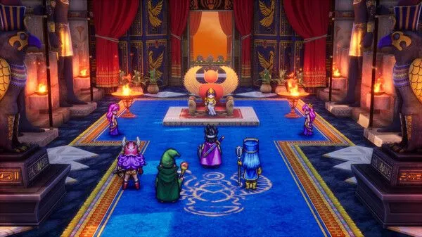 Anh hùng và nhóm của mình trong một cung điện lấy cảm hứng Ai Cập từ Dragon Quest III HD-2D Remake, thể hiện đồ họa cải tiến của game.