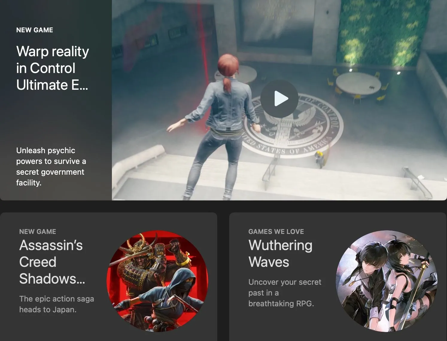 App Store macOS announcement for Control game, showing the delay in bringing AAA titles to this platform.