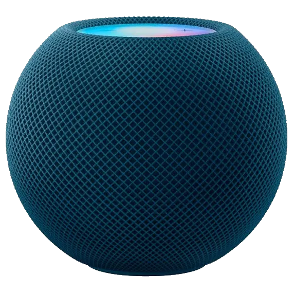 Apple HomePod mini màu trắng với thông số kết nối và trợ lý ảo Siri.