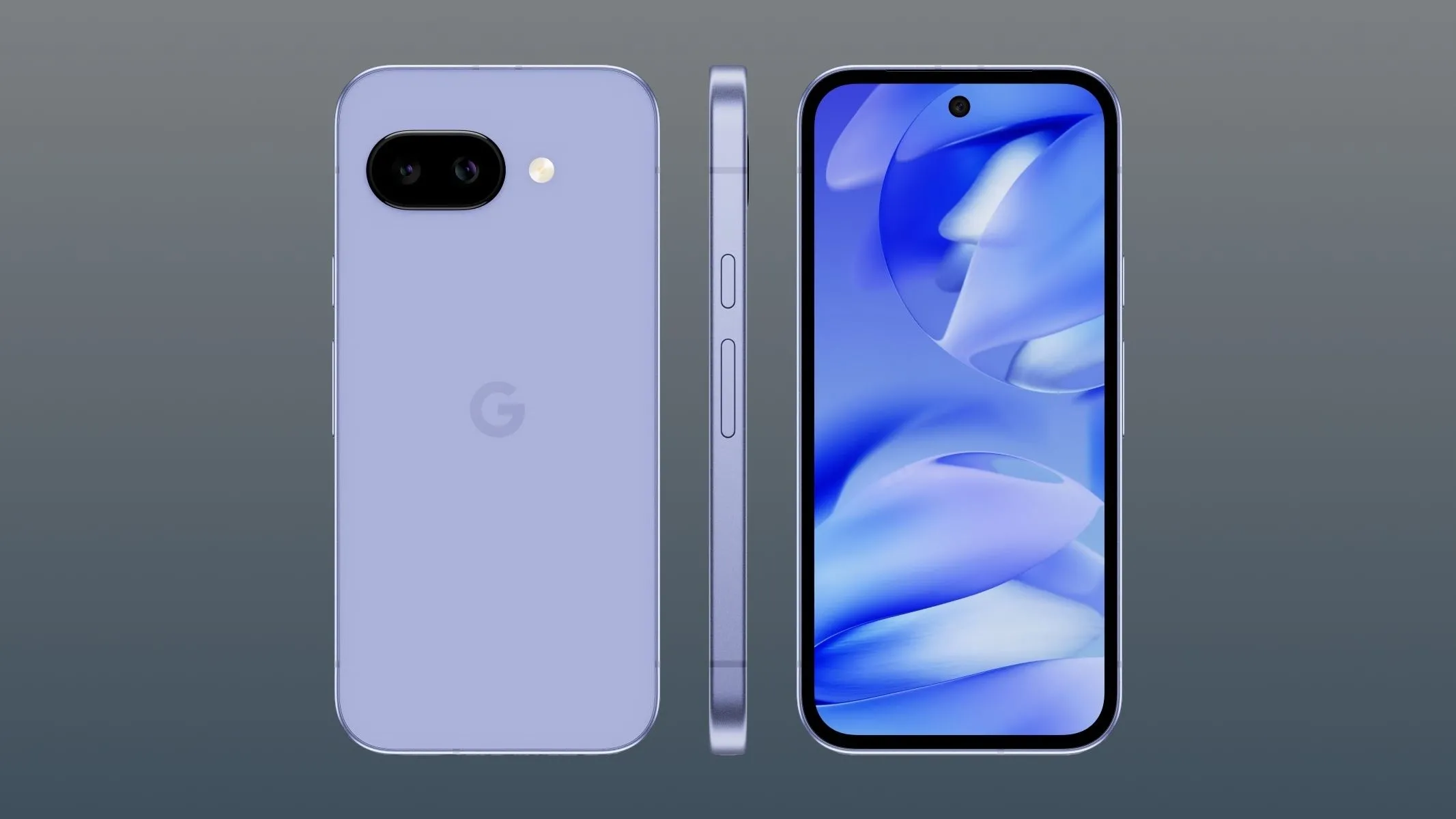 Ba chiếc Google Pixel 9a hiển thị các góc nhìn khác nhau: mặt trước, mặt sau và cạnh bên, nhấn mạnh tần số quét 120Hz