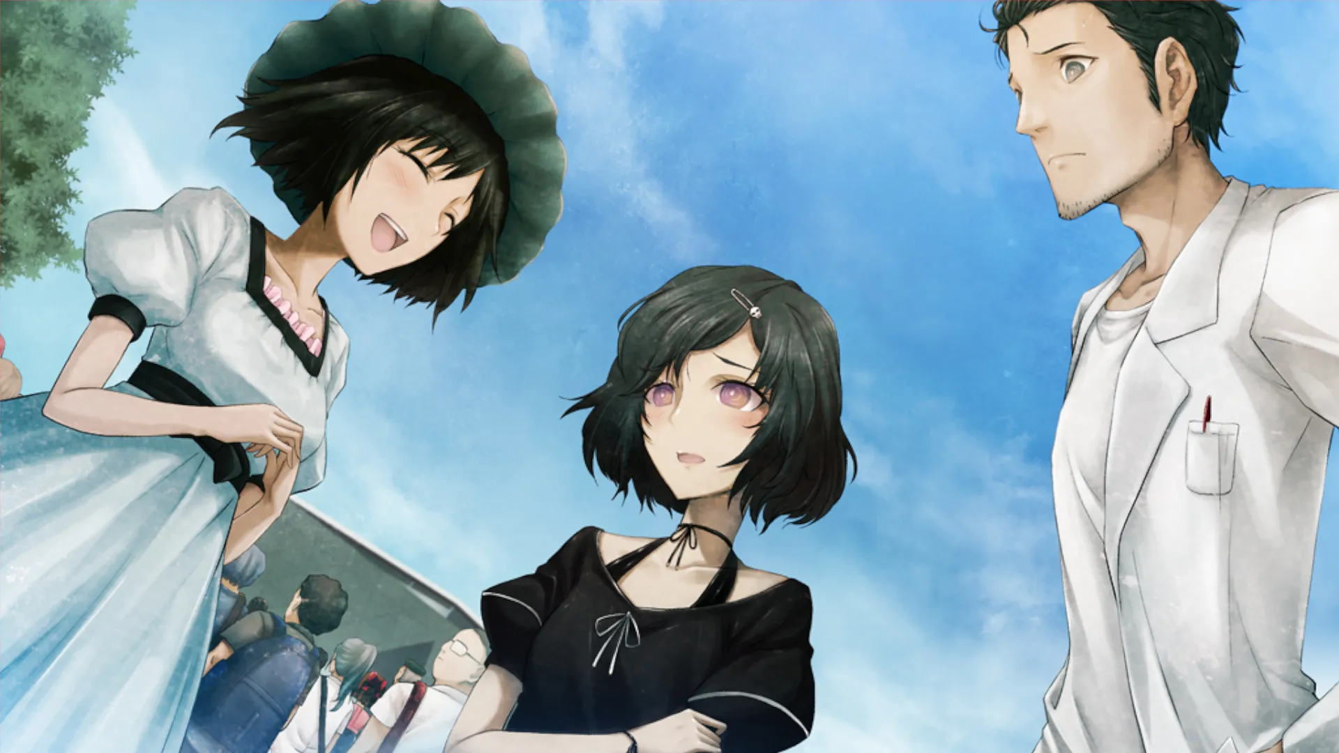 Ba nhân vật chính Rintaro Okabe, Kurisu Makise và Mayuri Shiina đang trò chuyện tại một địa điểm công cộng trong Steins;Gate, một game visual novel khoa học viễn tưởng nổi tiếng.
