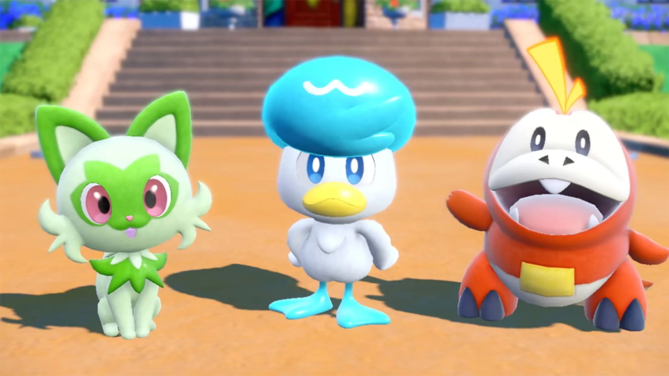 Ba Pokémon khởi đầu từ game Pokémon Scarlet và Violet, minh họa tính năng nâng cấp miễn phí cho các game cũ trên Switch 2.