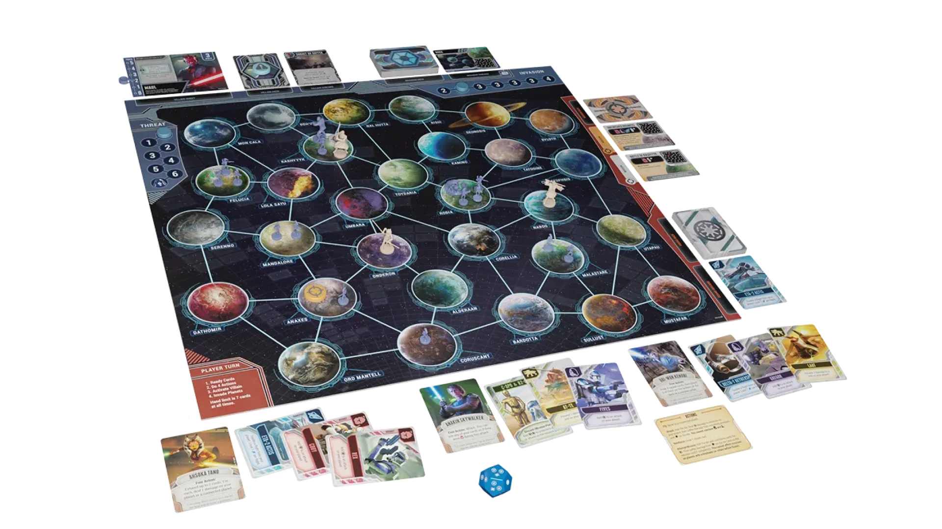Bàn chơi và các quân cờ của game board game Star Wars The Clone Wars đang diễn ra, mô phỏng cuộc chiến giữa Jedi và Separatist.