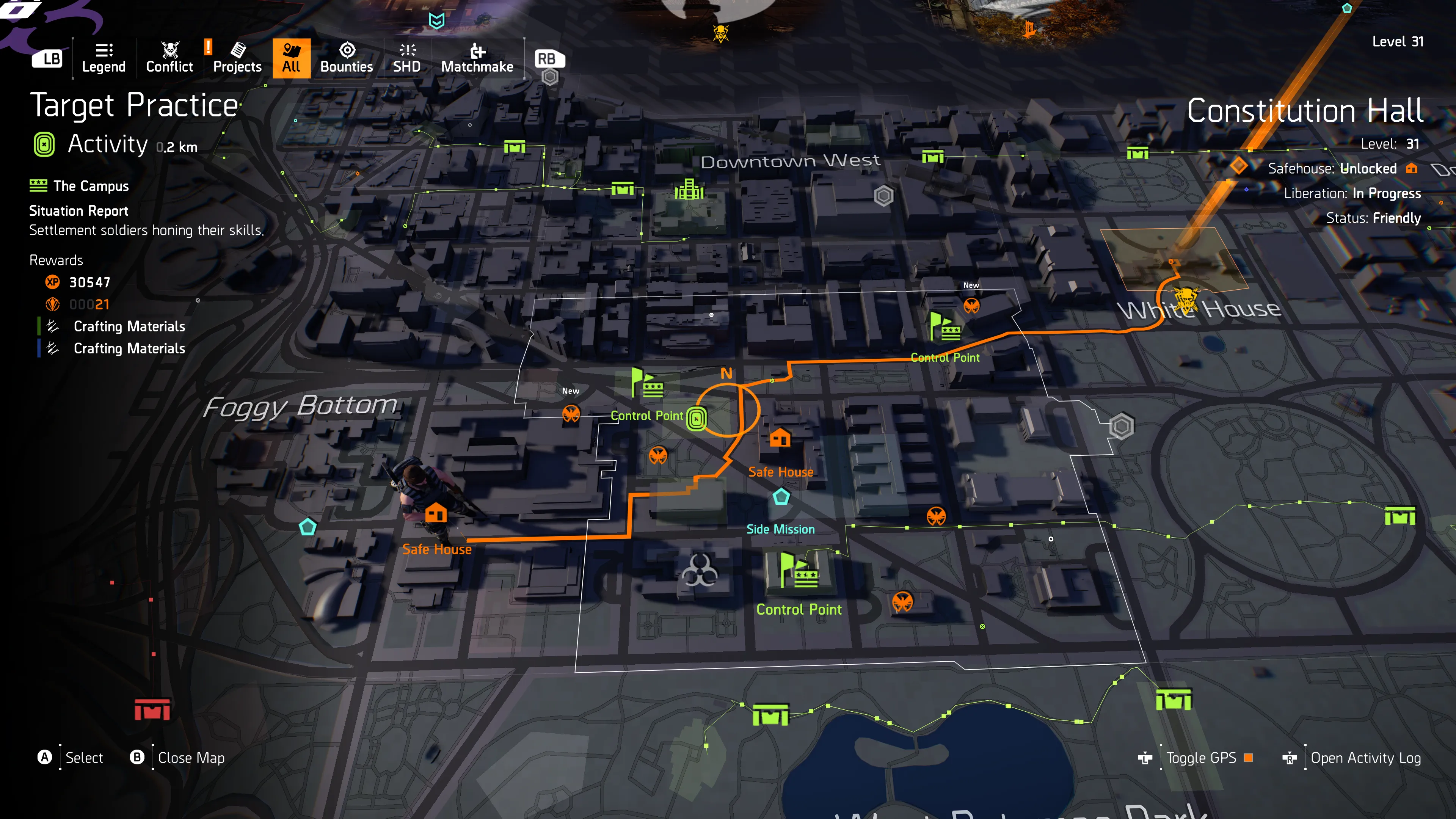 Bản đồ Washington DC trong The Division 2, cho thấy các khu vực khám phá và mục tiêu nhiệm vụ chính trong game.