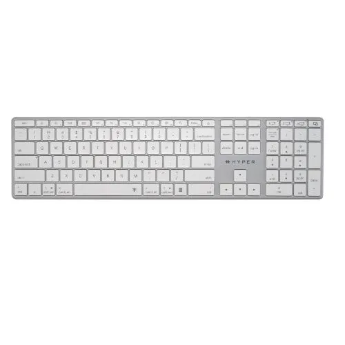 Bàn phím không dây Hyper HyperSpace màu bạc với bố cục full-size, phù hợp với người dùng Mac và Windows.