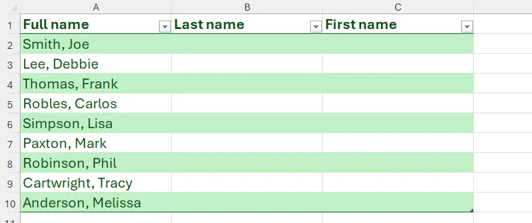 Bảng Excel có cột Họ tên đầy đủ và hai cột trống để tách Họ và Tên