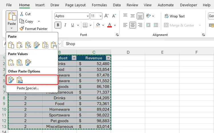 Bảng Excel được sao chép, menu Dán không hiển thị công cụ Linked Picture