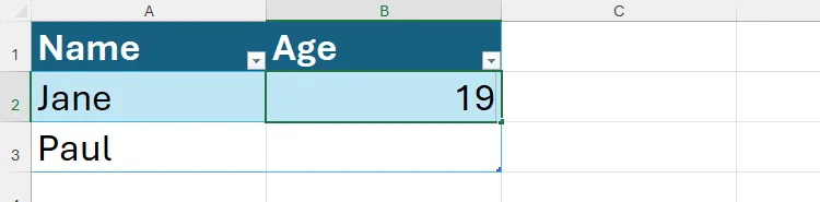Bảng Excel tự động mở rộng, hiển thị hai tên và các ô trống sẵn sàng để nhập dữ liệu tuổi tương ứng, minh họa tính năng tự động phát triển của bảng.