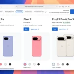 Bảng giá Google Pixel 9a và các mẫu điện thoại Pixel 9 khác hiển thị trên trình duyệt Safari