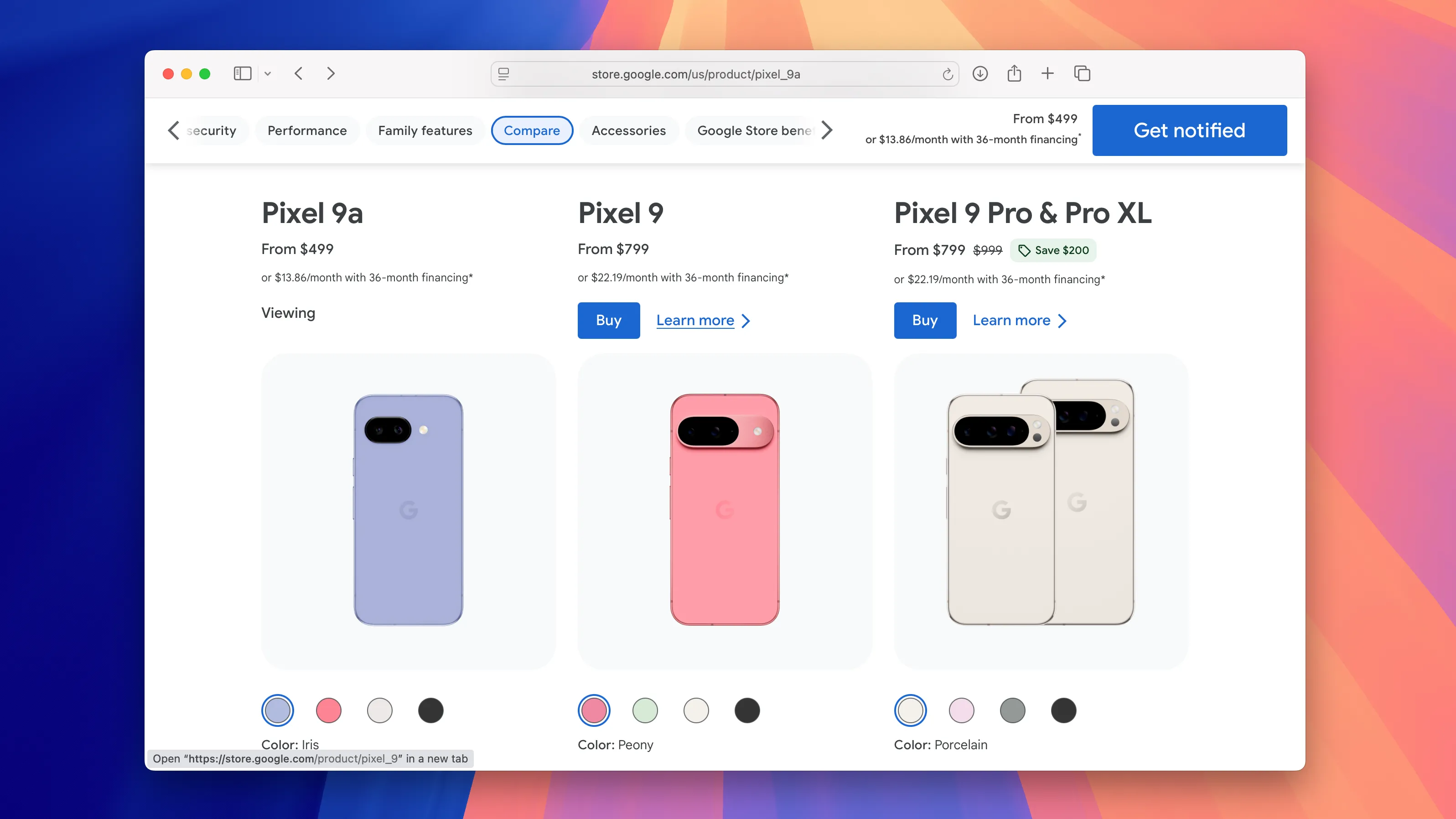 Bảng giá Google Pixel 9a và các mẫu điện thoại Pixel 9 khác hiển thị trên trình duyệt Safari