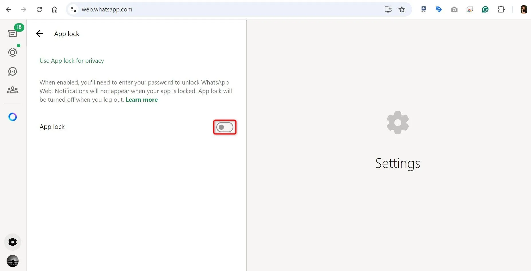 Bật tính năng Khóa ứng dụng trong cài đặt WhatsApp Web