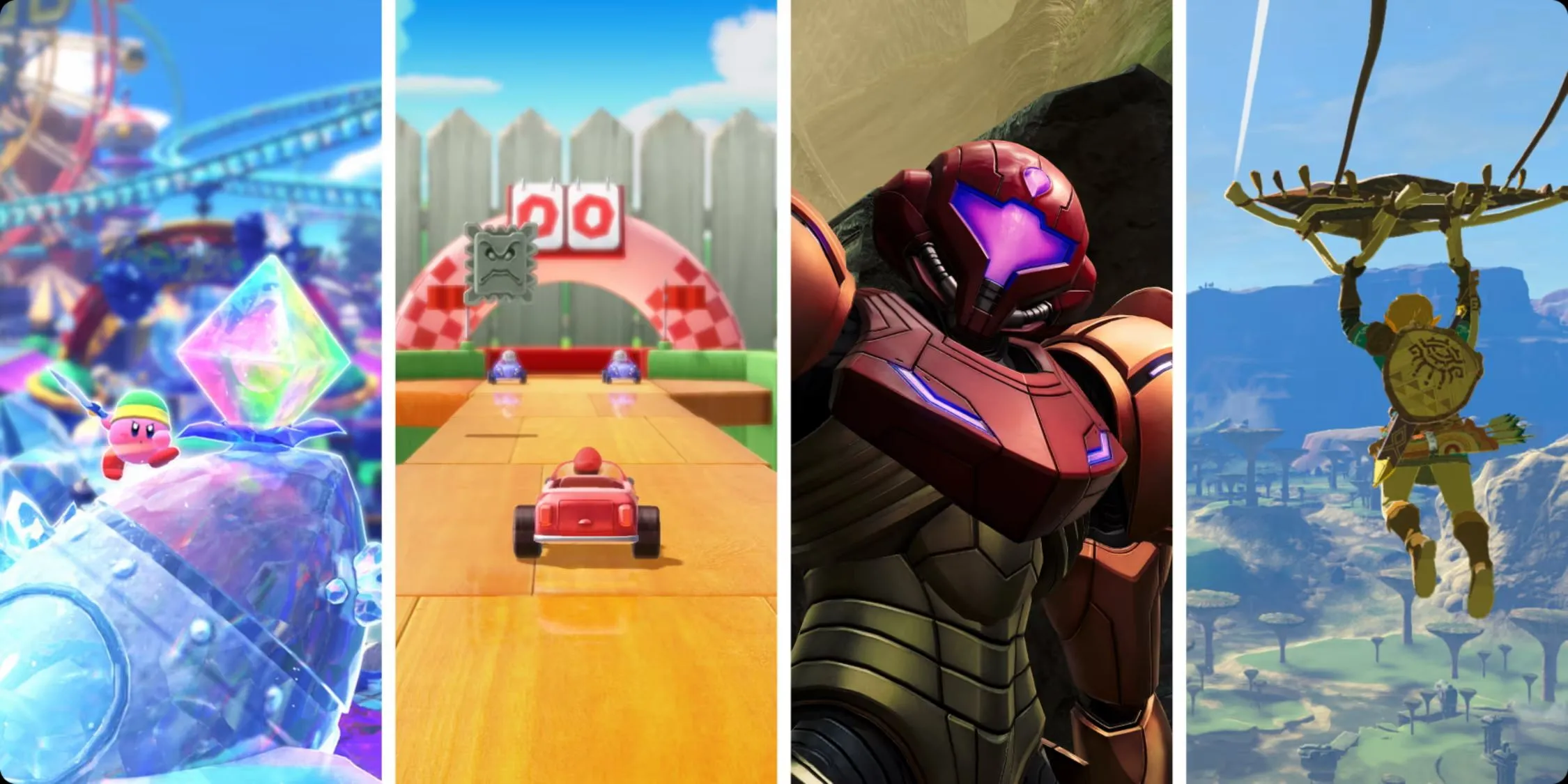Bìa game Switch 2 Edition bao gồm Kirby, Mario Party, Metroid và Zelda trên băng đĩa vật lý