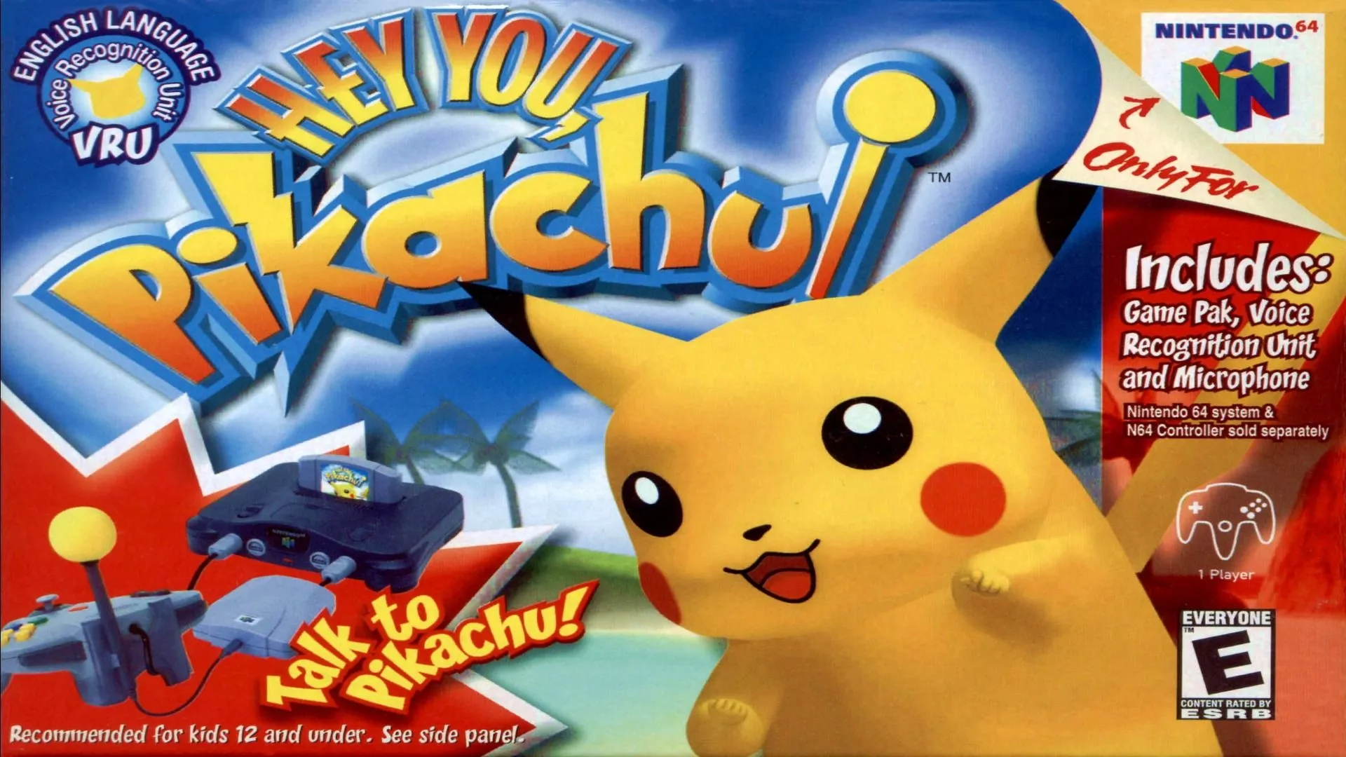 Bìa hộp game Hey You, Pikachu! trên Nintendo 64, thể hiện Pikachu và người chơi tương tác qua micro.