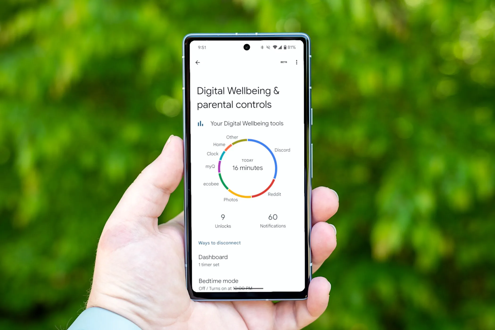 Biểu đồ thống kê Thời gian sử dụng màn hình (Screen Time) trên Android, minh họa mức giảm đáng kể khi người dùng tạm ngừng mạng xã hội.