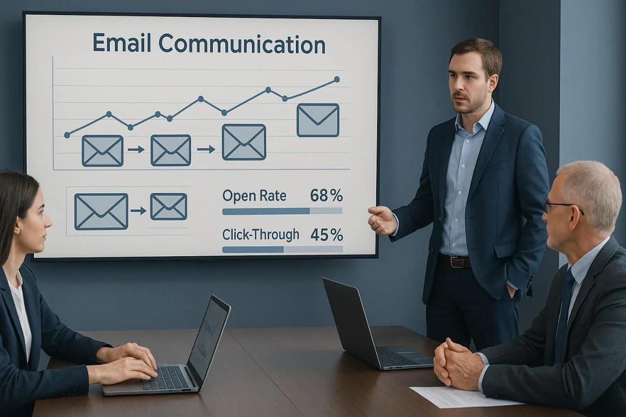 Biểu đồ thống kê tỷ lệ mở email trong cuộc họp chiến lược marketing của doanh nghiệp.