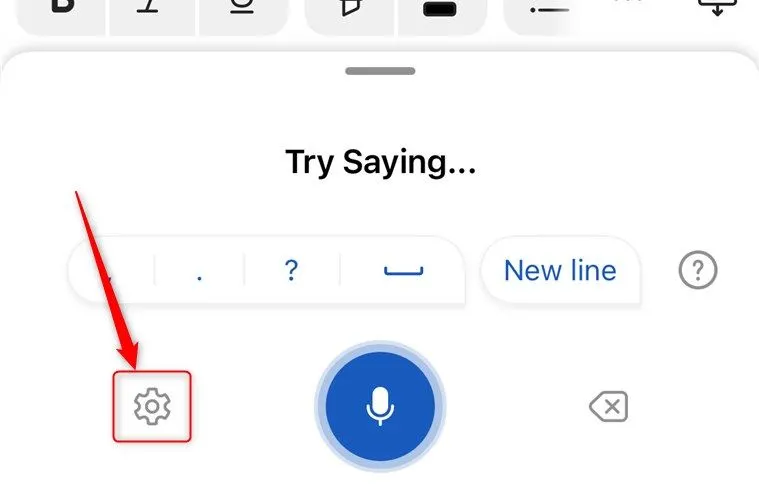 Biểu tượng bánh răng cài đặt trong công cụ đọc chính tả của Microsoft Word Mobile để tùy chỉnh ngôn ngữ và các tùy chọn khác.