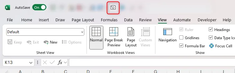 Biểu tượng Camera Tool trên thanh truy cập nhanh của Excel