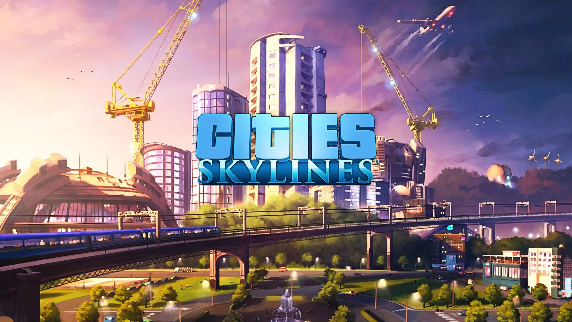 Biểu tượng Cities: Skylines nổi bật trên nền một thành phố hiện đại với cây xanh, đại diện cho sự thành công của tựa game xây dựng thành phố này.
