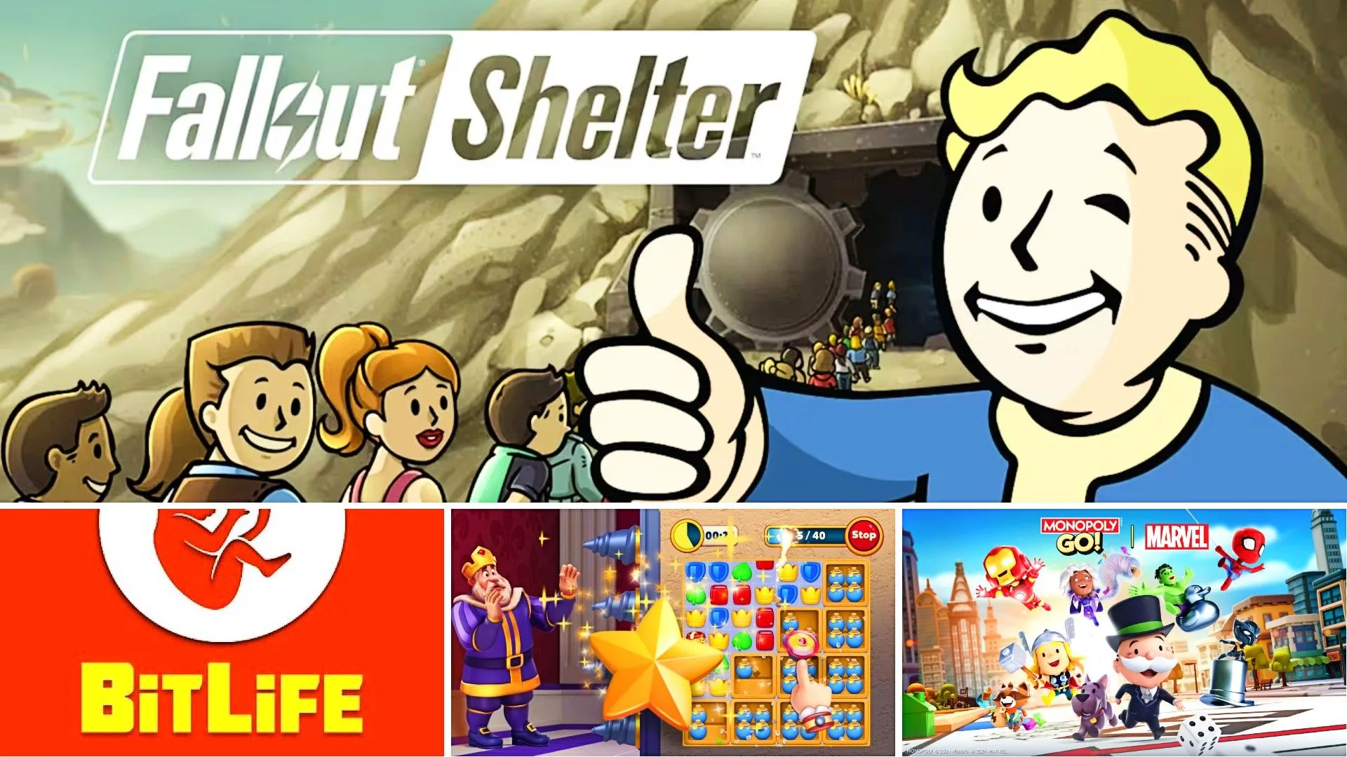 Biểu tượng game di động Fallout Shelter, Bitlife, Royal Match và Monopoly GO, đại diện cho các microtransaction phổ biến trong game mobile.