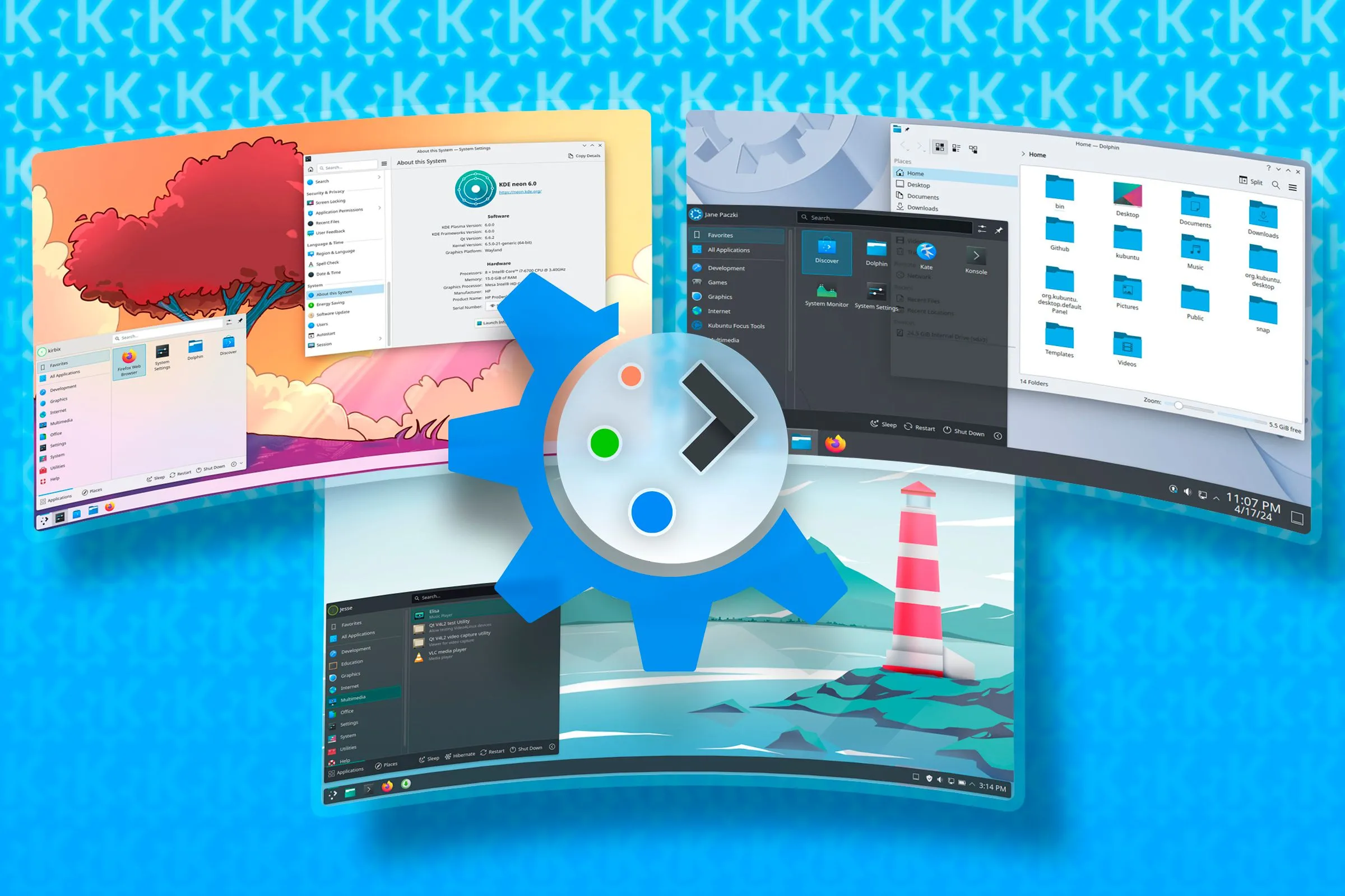Biểu tượng KDE Plasma nổi bật trên nền các giao diện phân phối Linux khác, minh họa cho dự án KDE Linux mới.