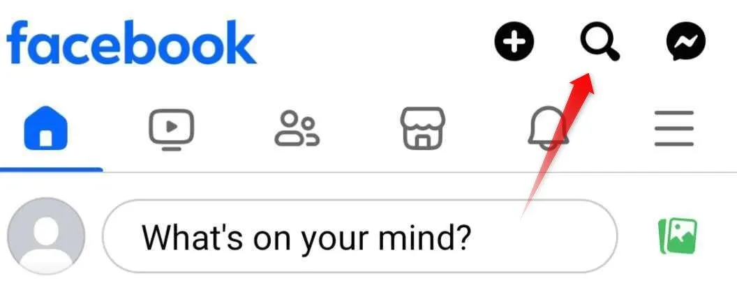 Biểu tượng kính lúp trên ứng dụng Facebook, nơi bạn có thể nhập tên để tìm kiếm hồ sơ của một người cụ thể, giúp xác định xem họ có bị chặn không.