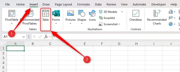 Biểu tượng 'Table' (Bảng) được chọn trong tab Insert (Chèn) trên thanh Ribbon của Excel, minh họa cách tạo bảng mới.
