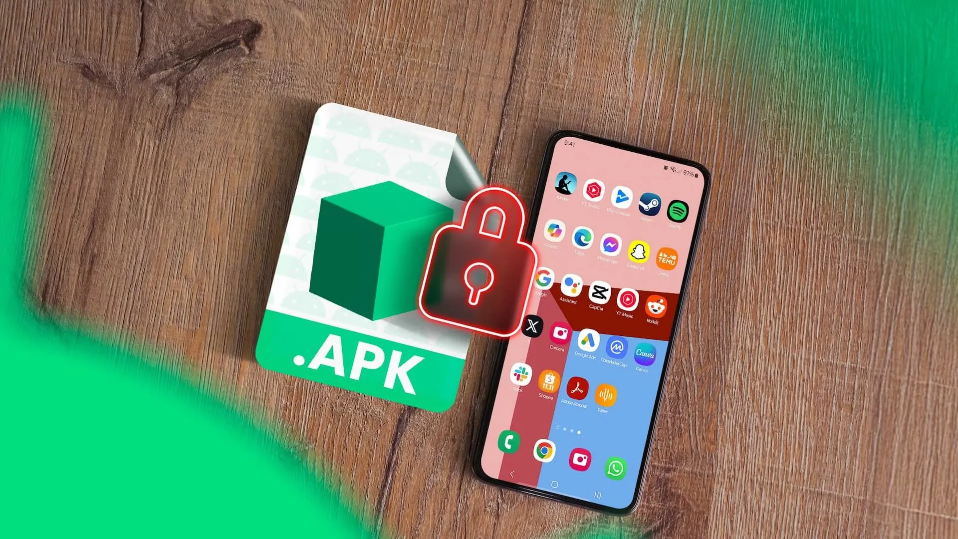 Biểu tượng tệp APK và điện thoại thông minh Android với ổ khóa ở giữa, thể hiện rủi ro bảo mật khi cài đặt ứng dụng từ nguồn không xác định.