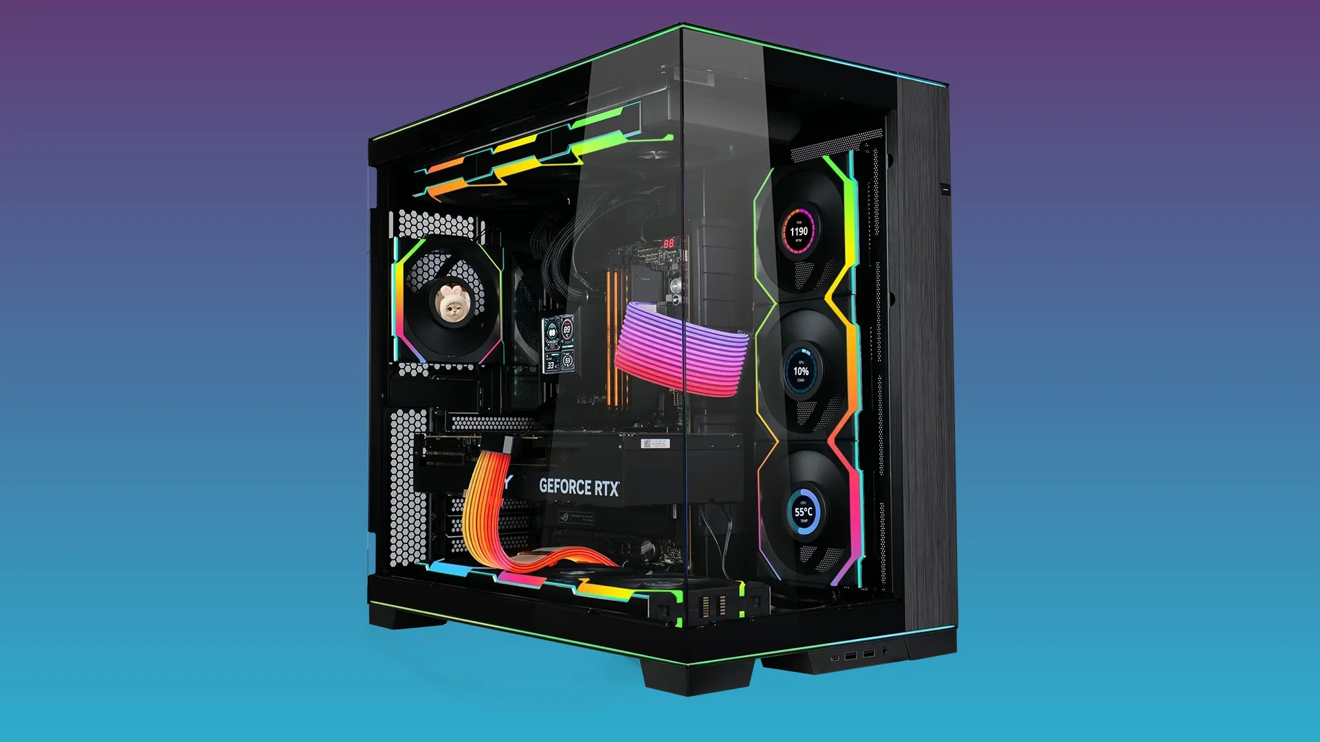 Bộ bảy quạt Lian Li UNI Fan SL - LCD Wireless 120 được gắn bên trong một vỏ case PC.