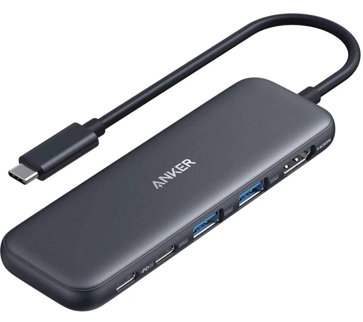 Bộ chia cổng USB-C Anker 332 màu đen với các cổng kết nối đa dạng.