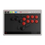 Bộ điều khiển arcade 8BitDo màu trắng trên nền tối, làm nổi bật bố cục nút bấm 16 phím và kiểu dáng leverless.