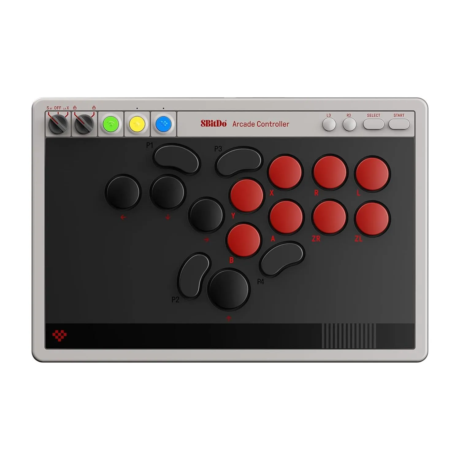 Bộ điều khiển arcade 8BitDo màu trắng trên nền tối, làm nổi bật bố cục nút bấm 16 phím và kiểu dáng leverless.