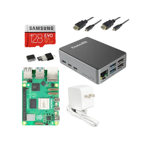 Bộ khởi động Raspberry Pi 5 CanaKit, hiển thị bo mạch chủ và các linh kiện cần thiết cho việc triển khai dự án, bao gồm cả các giải pháp video mới