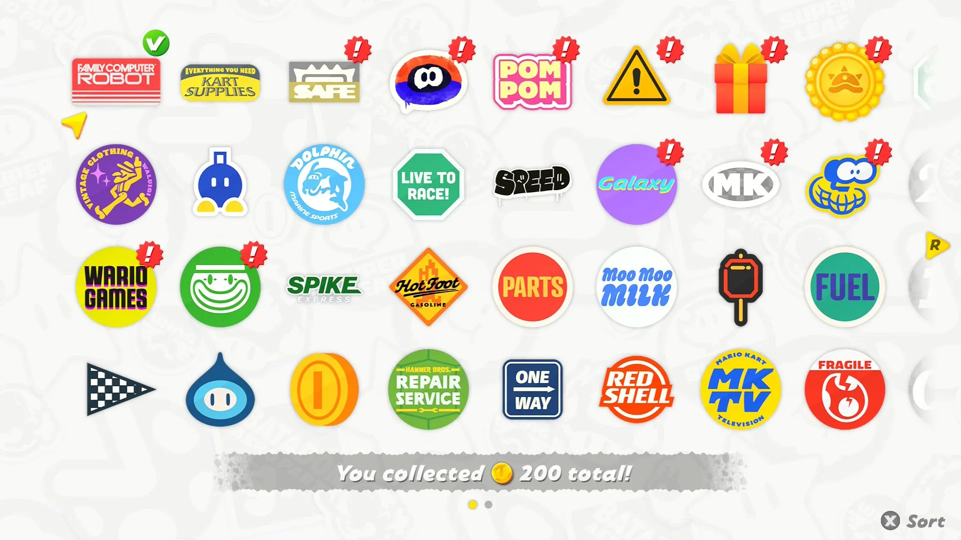 Bộ sưu tập các nhãn dán (sticker) nhận được từ chế độ Free Roam của Mario Kart World, minh họa phần thưởng trong game.