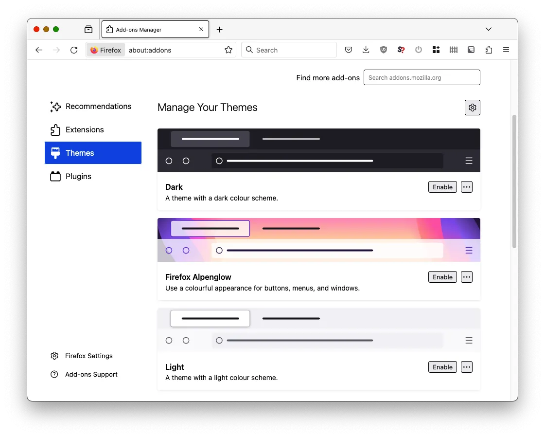 Bộ sưu tập giao diện (theme) đa dạng của Firefox cho phép tùy biến cá nhân.